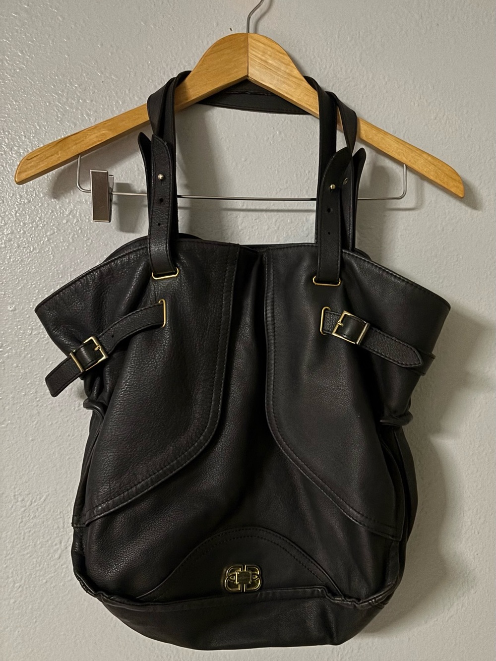 Le Bulga Vintage Black Leather Tote Bag with Gold Buckle Details